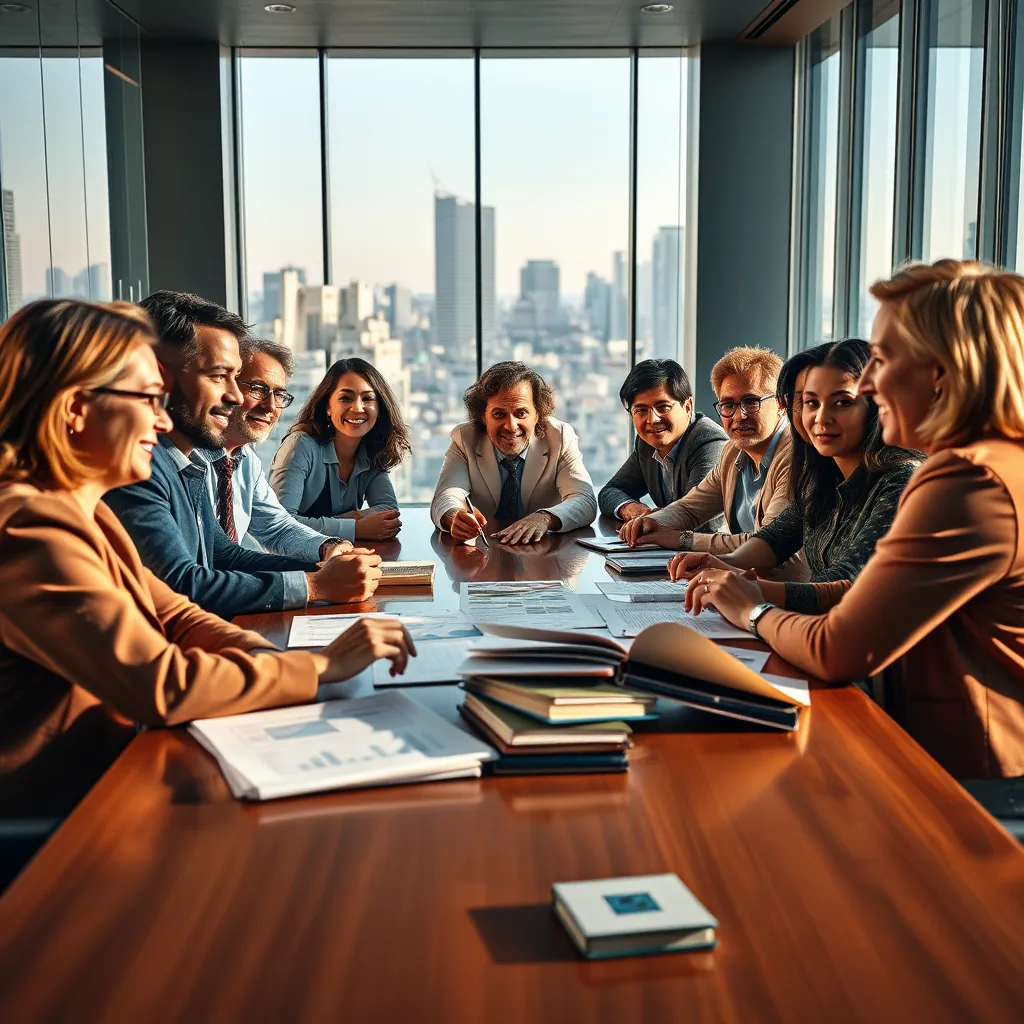 A dynamic composition featuring a diverse group of educators engaged in a discussion around a large conference table. The setting is a modern conference room with sleek glass walls and city views in the background. Dramatic side lighting illuminates the faces of the individuals, creating deep shadows and highlights that accentuate their expressions. The color palette includes earthy tones complemented by vibrant pops of color from attire. A low-angle perspective focuses on the animated expressions of the speakers, implying depth and engagement in the conversation. The materials in the room, including polished wood and glass, reflect light beautifully. Visual aids like charts and reports clutter the table, indicating a busy yet productive environment. The image should embody collaborative spirit and intellectual dynamism, echoing the style of contemporary editorial photography. Technical specifications should include 8K resolution and ultra-detailed rendering.