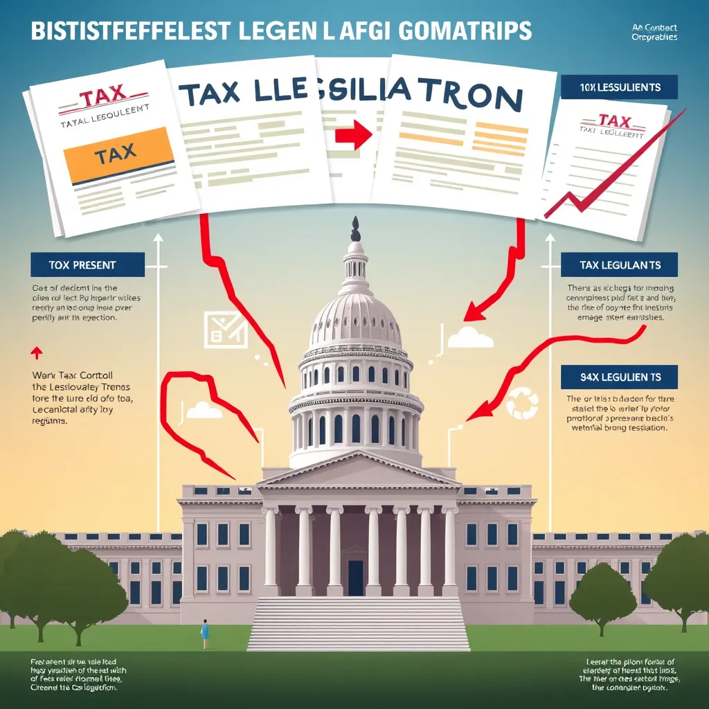 A dynamic infographic depicting recent tax legislation trends, featuring graphics of tax documents, legislative buildings like the Capitol, and arrows indicating changes. The style should be modern with a clear color palette, emphasizing clarity and educational value.