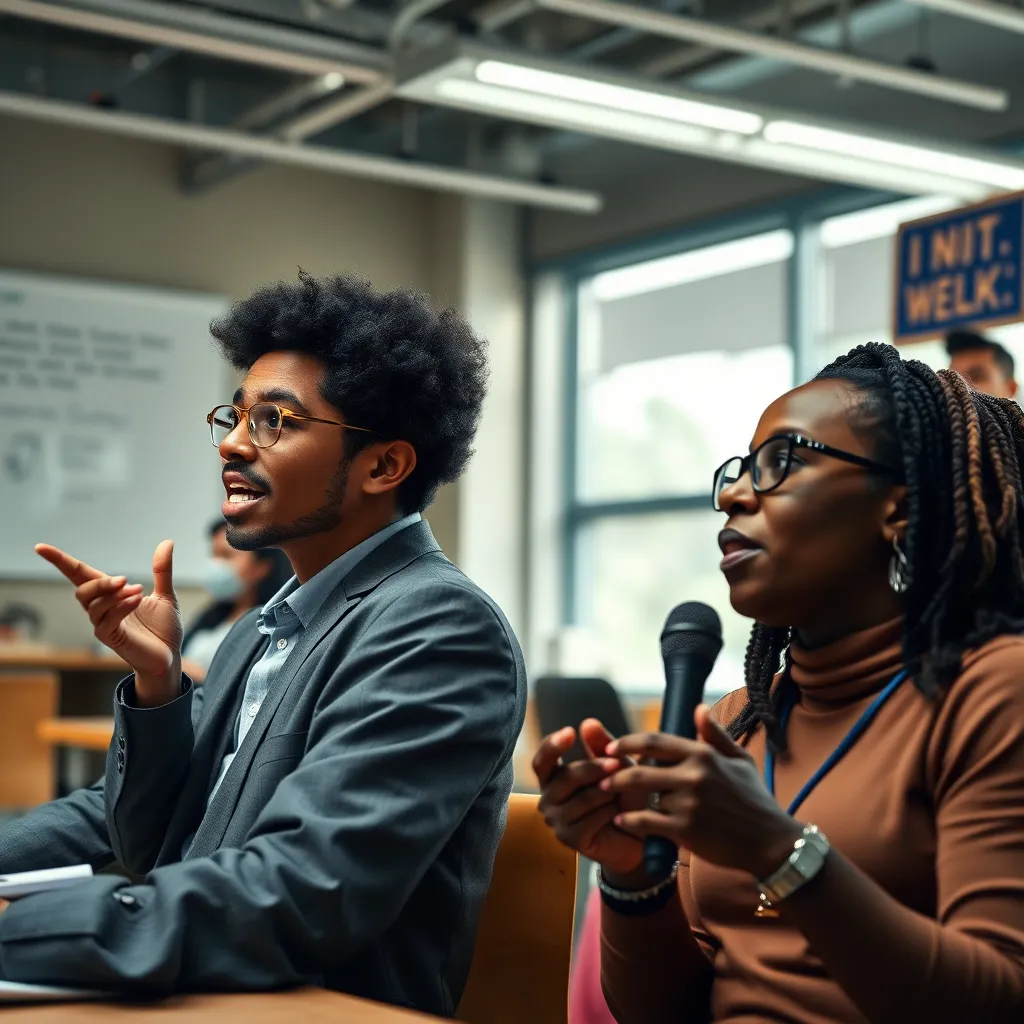 A dynamic layout featuring diverse professionals giving interviews for the magazine. Show them in action—an educator in a classroom, a scientist in the lab, and an activist at a rally, all expressing their unique insights.