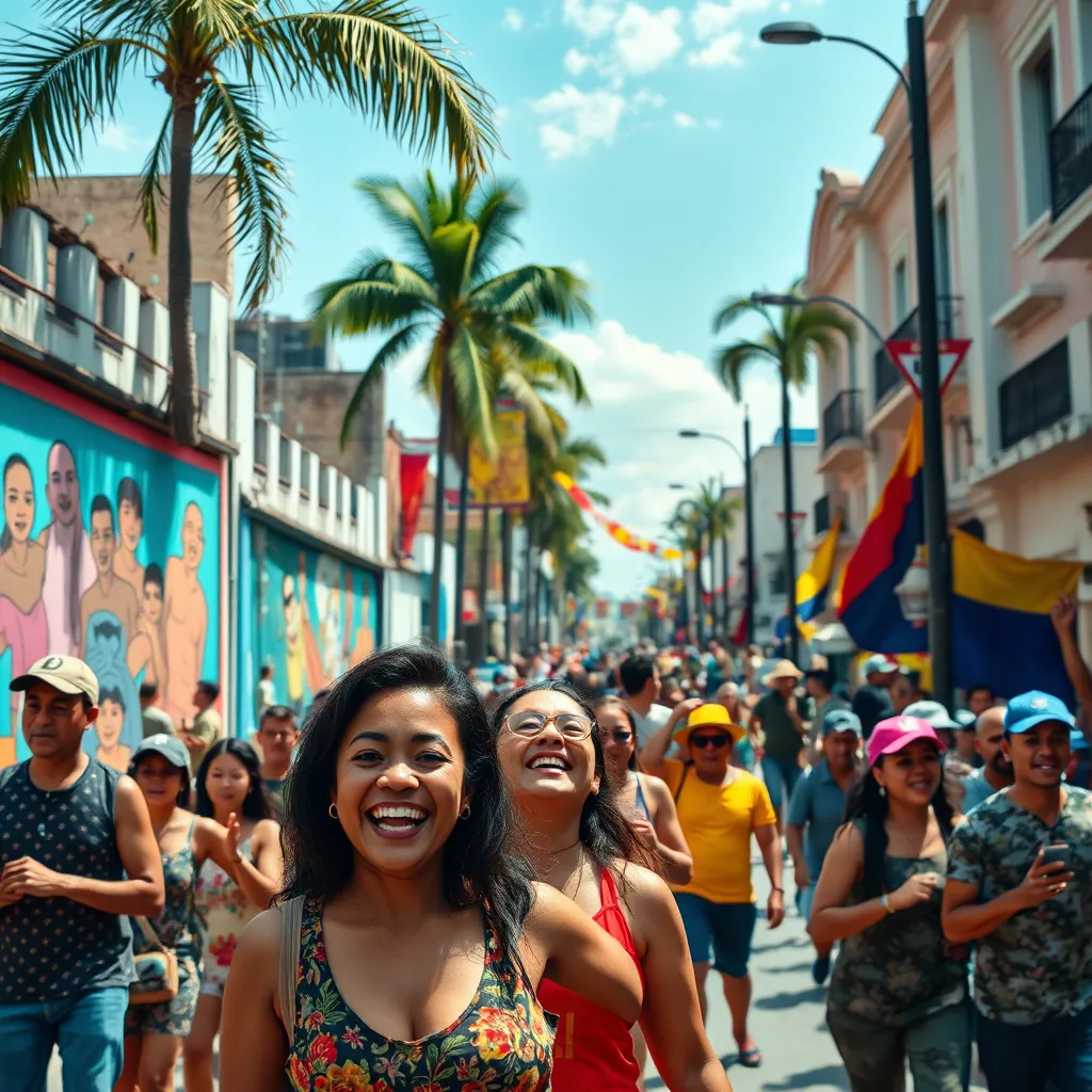 A dynamic montage of clips displaying vibrant streets in Venezuela, with citizens engaged in various activities like dancing, markets, and protests. The scene features bright, saturated colors, creating an energetic and lively mood. Soft, natural lighting highlights the joyous expressions of the people, creating an inviting atmosphere. The camera angle switches seamlessly among wide shots and close-ups, enhancing the overall excitement of the video highlights. Textures of the vibrant murals and street art should be prominent, while background elements like palm trees and traditional Venezuelan architecture add depth. Present the image in a contemporary visual storytelling style, with an ultra-high definition finish at 8K resolution.