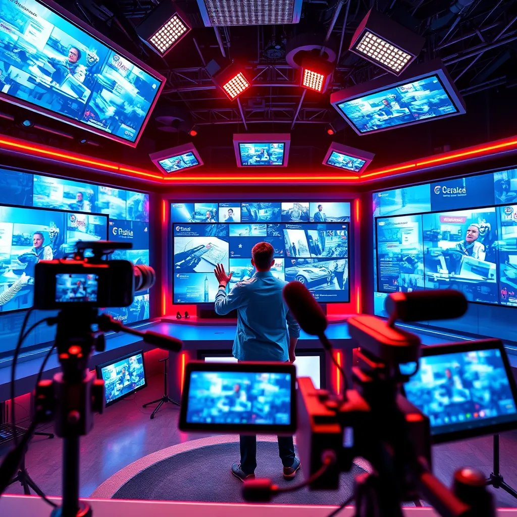 A dynamic multimedia studio with various screens showing video content, graphics, and interactive displays. The composition includes a presenter in front of a large monitor, gesturing towards the display, while a camera captures the moment. Bright and vivid lighting creates an energetic mood. The color palette is filled with blues, whites, and pops of red, adding excitement. The camera angle is slightly tilted, enhancing the sense of action. Textures of sleek glass, metal, and vibrant LED screens give a modern edge. Environmental elements include microphones and production equipment in the background. Style references reflect the dynamic layout of a contemporary tech environment. Technical specifications: 8K resolution, hyperrealistic, ultra-detailed.