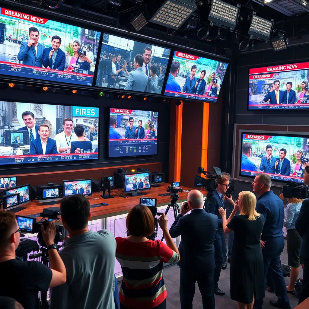 A dynamic newsroom scene featuring journalists reporting live on breaking news. Showcase multiple screens displaying video feeds and graphics of various events, with a busy, engaged team of reporters and camera operators in the foreground. Emphasize energy and urgency.