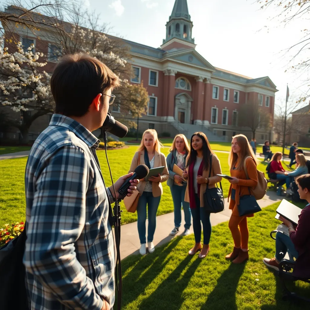A dynamic scene capturing a campus reporter interviewing students on a vibrant university green, with the iconic campus building in the background. The soft diffused lighting of a mid-morning sun casts gentle shadows, enhancing the lively atmosphere. The color palette includes warm earthy tones with pops of bright academic colors from students' clothing. Captured from a low angle perspective, emphasizing the reporter's engagement with subjects, the image features students carrying books and laptops, representing a bustling academic life. Surrounding elements include blooming flowers and students sitting on benches, adding life to the scene. The image should have a hyperrealistic quality, 8K resolution, making every detail sharp and clear, emphasizing textures like the fabric of clothing and the smoothness of the school's architecture. This composition reflects the vibrant energy of university life, echoing the aesthetic of contemporary photojournalists.