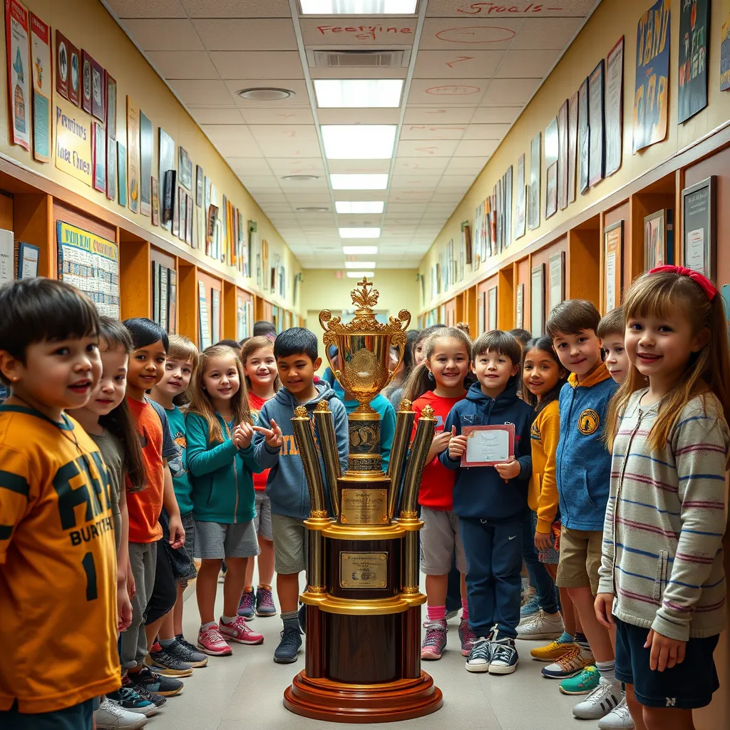 A dynamic school hallway decorated with student projects and artwork. In the foreground, students are gathered around a trophy display featuring awards for various achievements. Lighting is bright, and there are enthusiastic expressions on the students' faces showing pride.