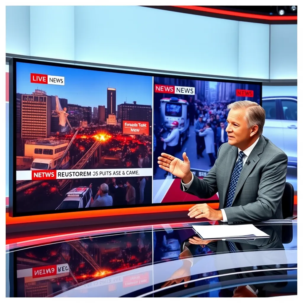 A dynamic split-screen image showing a news anchor reporting live from the studio on one side and real-time footage of a significant event on the other. The anchor is gesturing passionately, and the screen displays urgent news tickers.