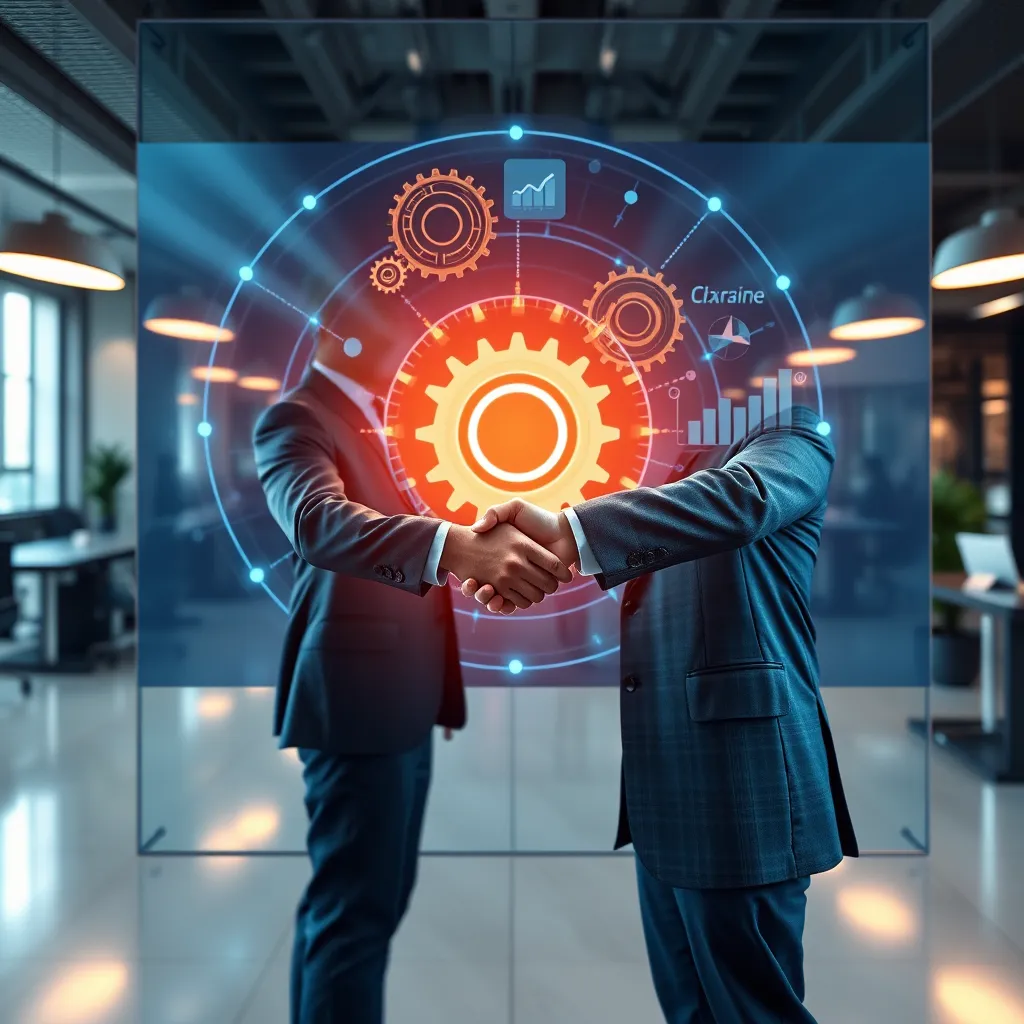 A dynamic visual of two business people shaking hands in front of a digital display showing interconnected gears and graphs symbolizing collaboration. The background should be a stylized office environment with futuristic elements signifying innovation.