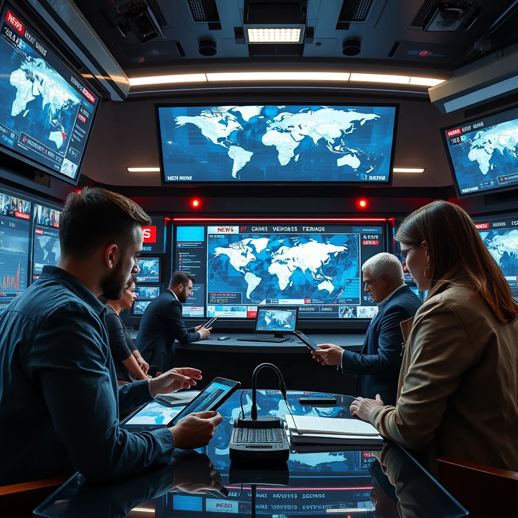 A futuristic newsroom filled with screens displaying live news feeds and digital maps. Journalists of diverse backgrounds are actively using technology like tablets and smartphones, with a backdrop of dynamic graphics illustrating the speed and reach of modern news.