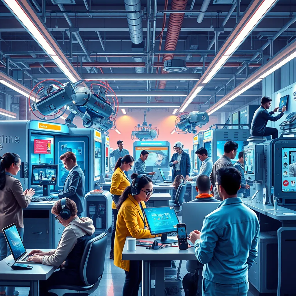 A futuristic scene depicting diverse customers engaging with technology. Create a collage of various repair scenarios, such as mobile repair stations, on-site services, and virtual consultations. The atmosphere should reflect innovation, with bright colors and technology-themed decor.