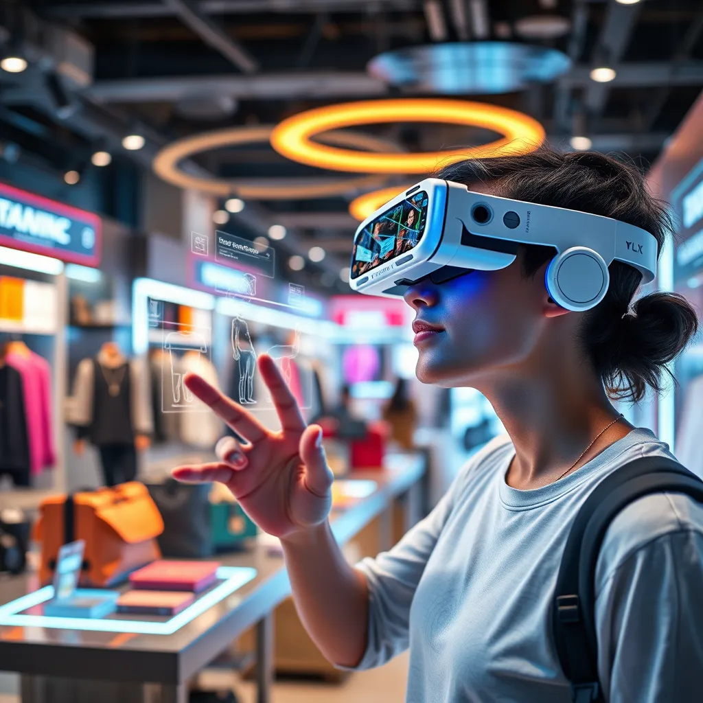 A futuristic shopping experience featuring a user interacting with augmented reality glasses, viewing virtual products in a lively retail space. Include digital overlays showing product information, with bright technological accents and a high-tech ambience.