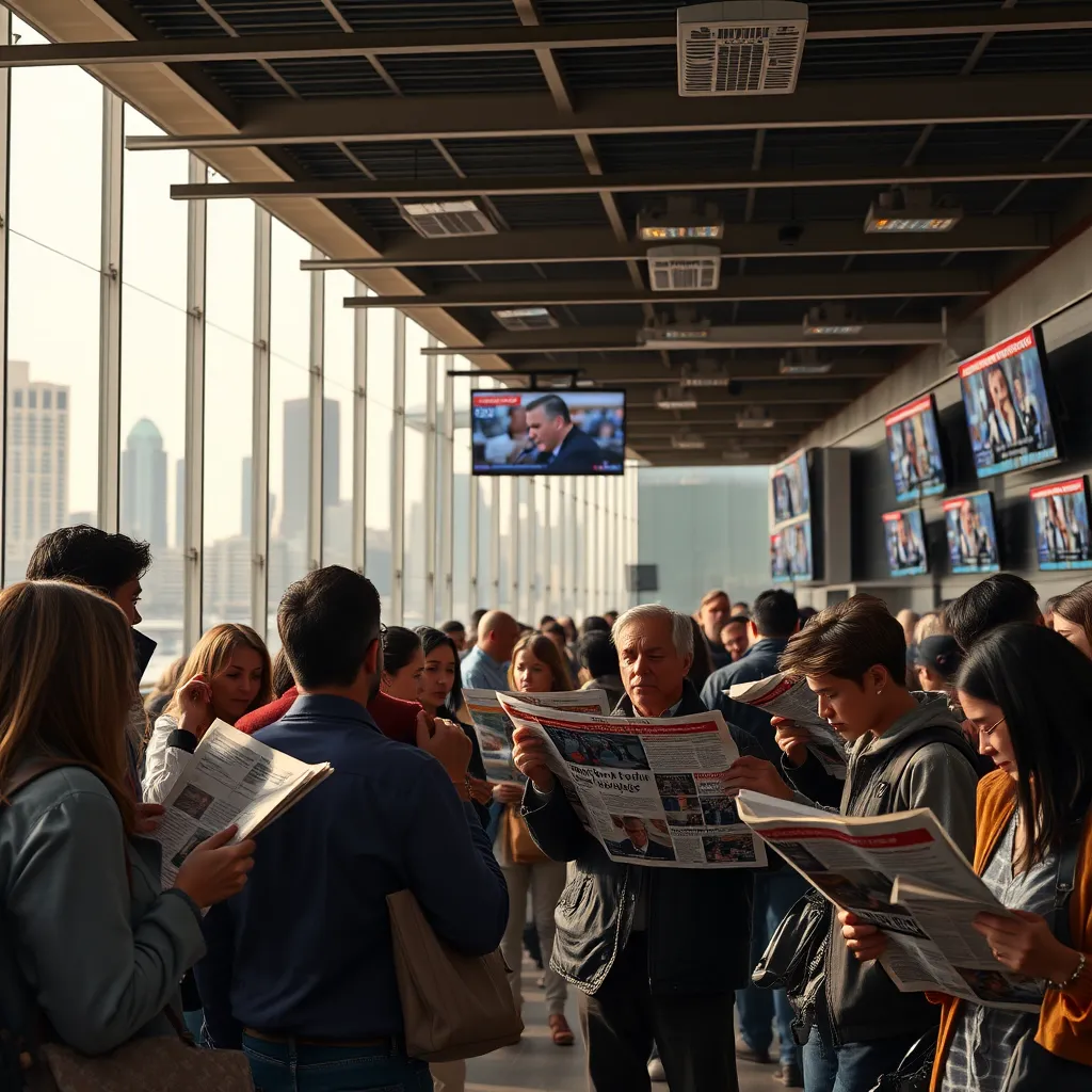 A group of diverse people in a public space, engaged in a heated discussion while reading newspapers and watching news broadcasts on screens, with various headlines highlighted. The background should show a cityscape, symbolizing a blend of media influence and societal reaction.