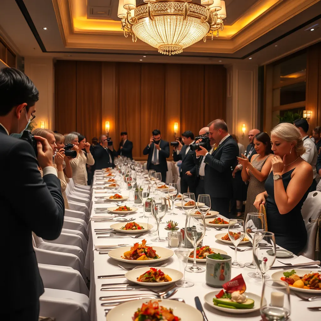A high-end catering event with beautifully set tables, gourmet dishes, and elegantly dressed guests. Photographers capture key moments, while chefs and event organizers interact. The ambiance is luxurious with warm lighting and sophisticated decor.