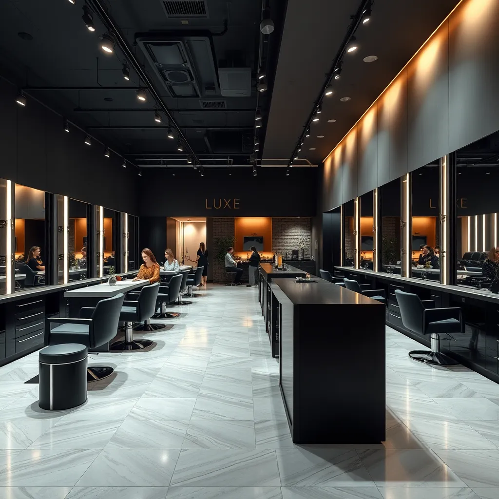 A high-end salon interior in downtown Chicago, featuring modern furnishings, large mirrors, comfortable salon chairs, a sleek reception desk, and stylish lighting. The setting is bustling with stylists working and clients relaxing, showcasing the luxury and sophistication of the new Luxe Hair Studio.