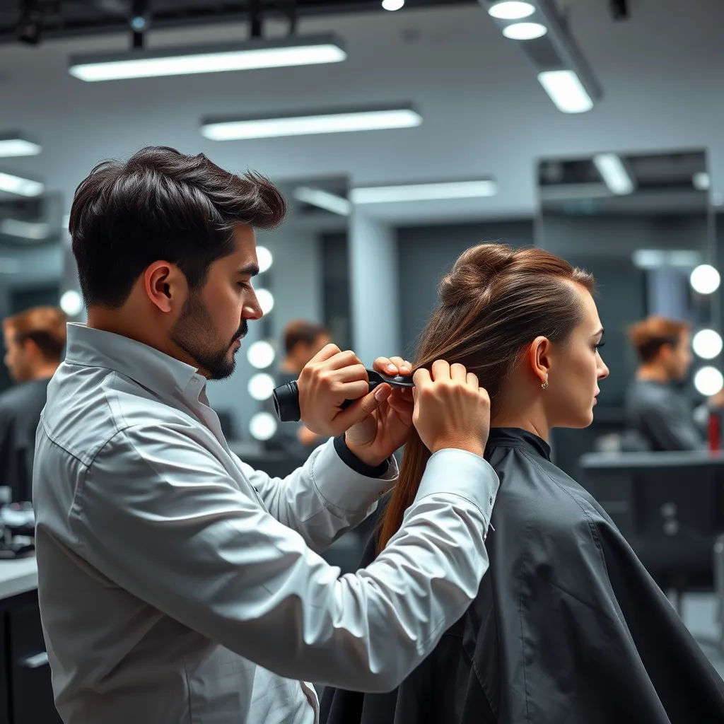 A high-quality, photorealistic image of a professional hairstylist in a modern salon, demonstrating intricate cutting techniques on a client's hair. The scene should include detailed salon equipment and mirrors reflecting the careful precision of the stylist.