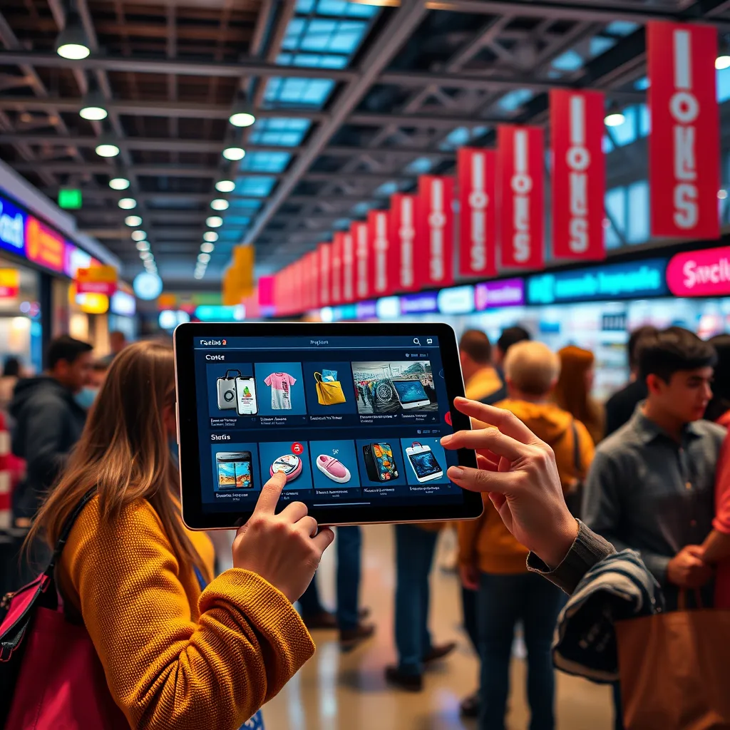 A high-quality, photorealistic image of a modern digital marketplace interface displaying various products on a sleek tablet, with a diverse group of shoppers engaging online, showcasing the blend of technology and consumer choice in a vibrant, colorful environment.
