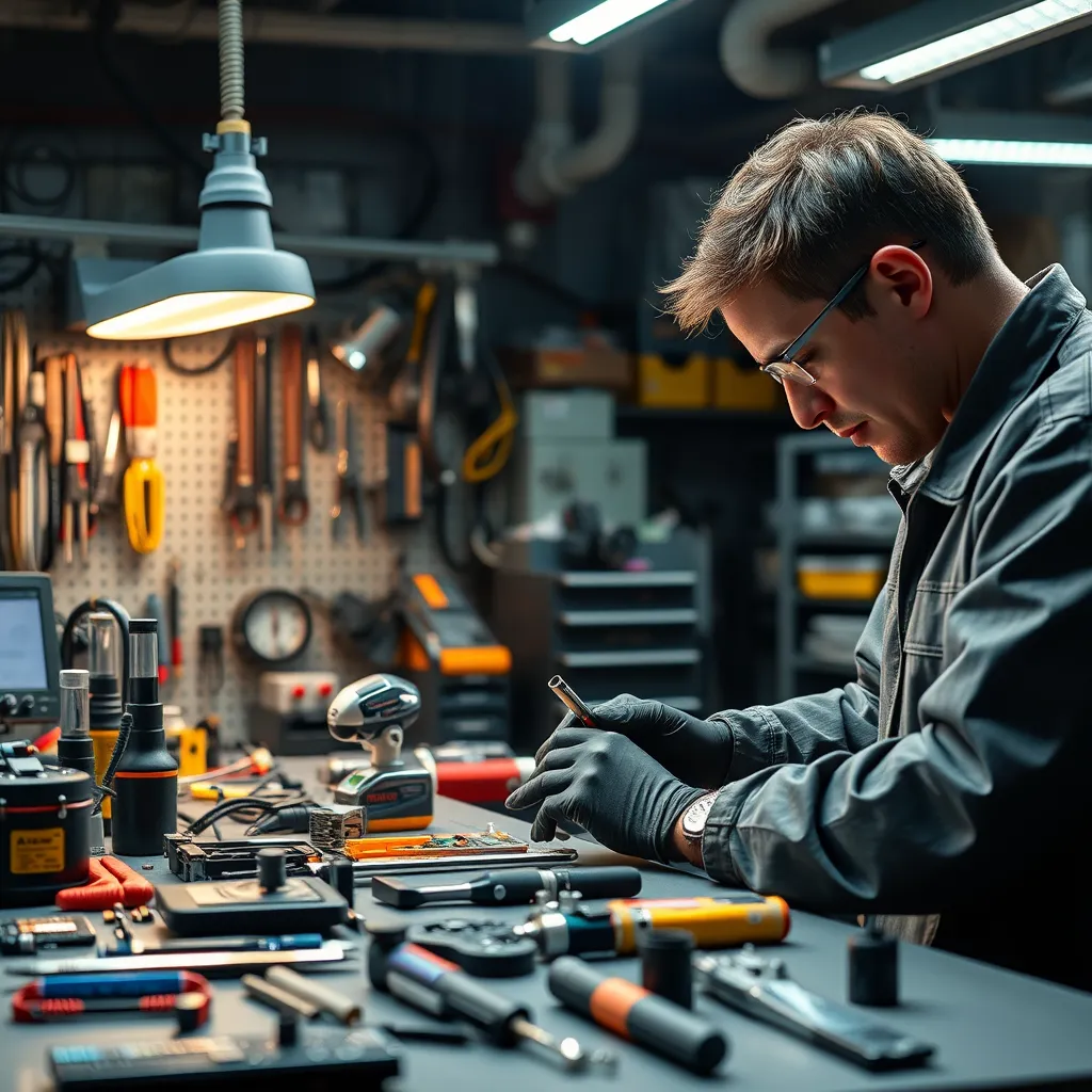 A high-quality image of a modern workshop filled with various advanced repair tools and equipment, depicting a technician using innovative techniques on a high-tech device. The workspace should appear organized, well-lit, and show detailed close-ups of the tools in action.