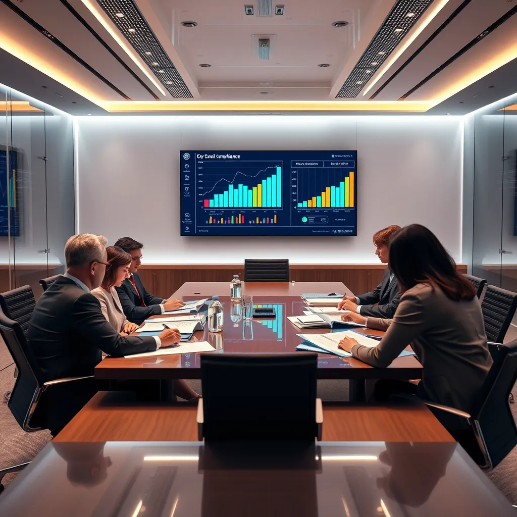 A high-quality image of a regulatory compliance meeting in a sleek boardroom, featuring diverse professionals analyzing compliance documents and charts, with a digital display showing key performance indicators and regulatory benchmarks on the wall.