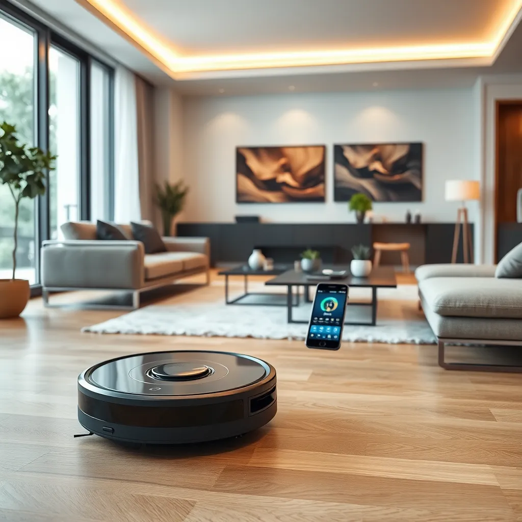 A high-quality image of a spacious living room with a robotic vacuum cleaner moving across the floor. The room should be modern with sleek furniture, and in the background, a smartphone on a coffee table should display an app interface controlling the device. The image should highlight technology and convenience.