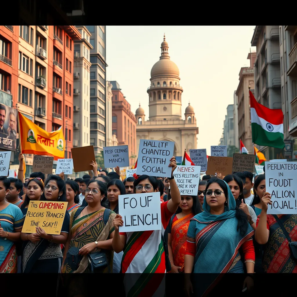 A high-quality photorealistic image illustrating a diverse group of activists peacefully protesting for social change in an urban Indian setting, with placards, banners, and a backdrop of historical landmarks, showcasing the spirit of community and advocacy.