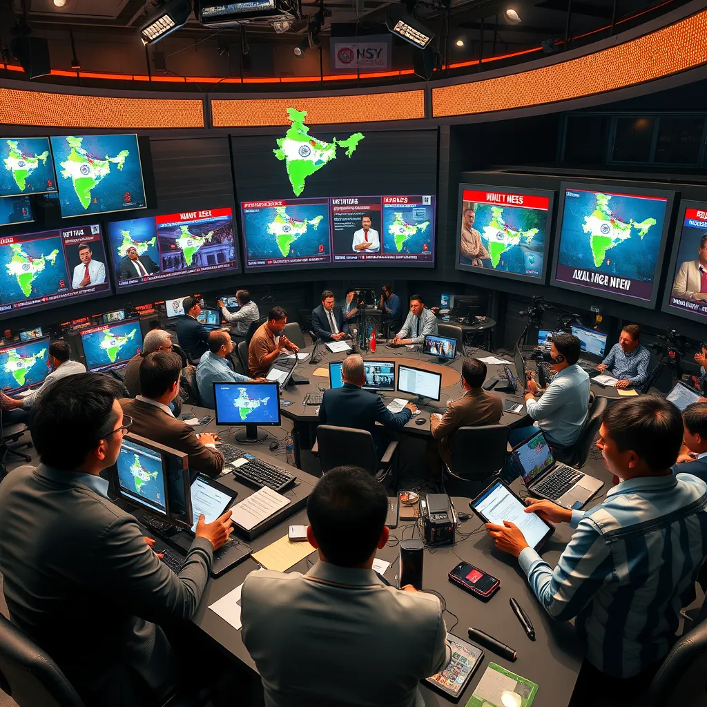 A high-quality photorealistic image depicting a busy news room full of journalists reporting breaking political news in India. Include maps of Indian states, news tickers, and diverse reporters interacting with digital devices, emphasizing a sense of urgency and engagement.