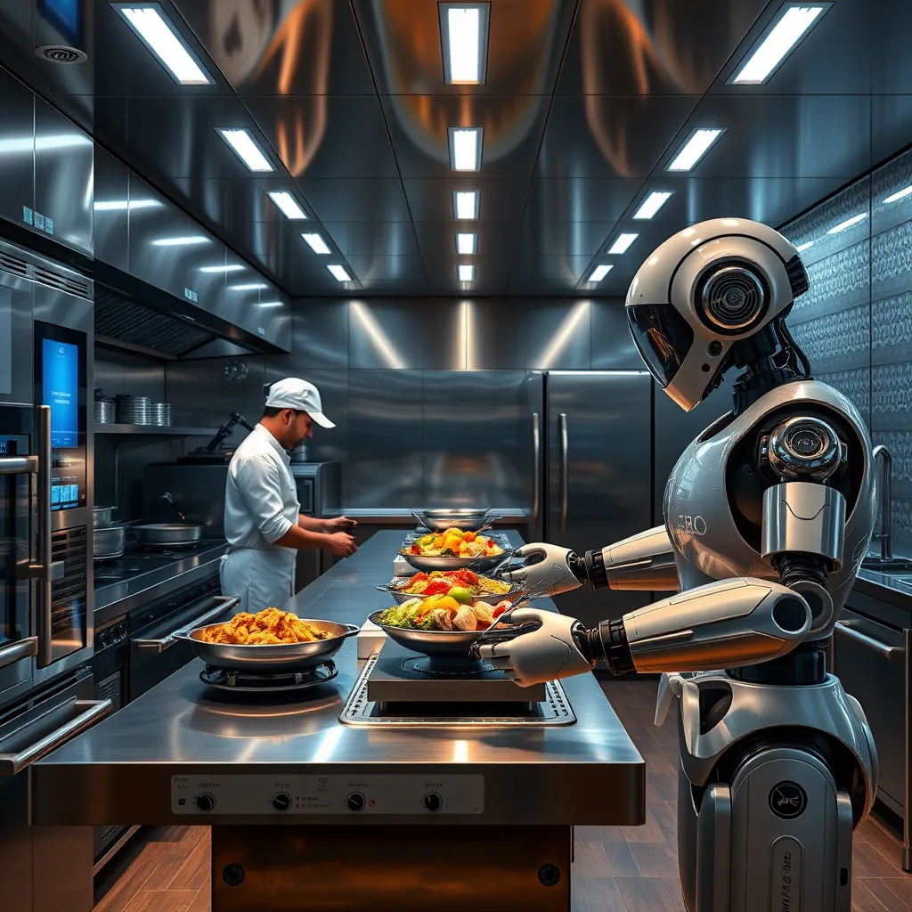A high-tech catering kitchen with smart appliances, chefs using touchscreen control panels, and an automated robot serving food. Modern design with stainless steel and LED lights.