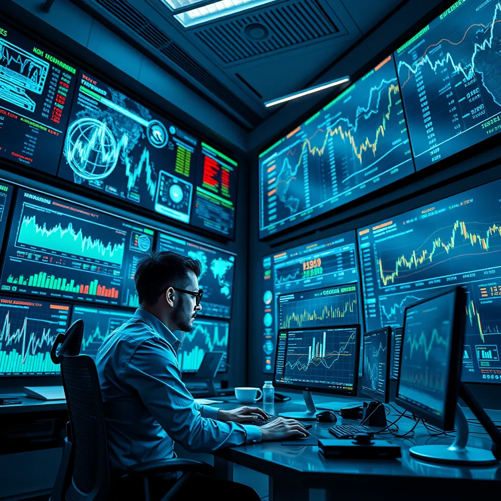 A high-tech financial office filled with large screens displaying complex data analytics and stock market trends. A focused analyst is working on predictive algorithms, surrounded by holographic displays showcasing real-time holdings news and market changes, all in a sleek, modern environment.