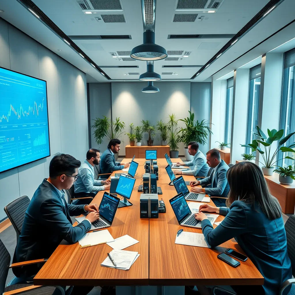 A high-tech office environment filled with financial analysts reviewing dynamic charts and graphs. Soft diffused lighting illuminates the room, creating a bright and focused atmosphere. The color palette consists of modern blues, whites, and hints of green for a professional feel. The camera angle is slightly above eye level, capturing analysts deeply engaged in their work around a large conference table filled with laptops and notepads. High-resolution textures showcase sleek wood surfaces and polished glass elements. Environmental elements include a large digital screen displaying colorful analytics, potted plants in the background for a touch of greenery, and soft shadows cast around the room. The style is hyperrealistic and ultra-detailed, capturing the intricacies of a bustling financial workspace, with a focus on clarity and precision. Technical specifications include 8K resolution for impeccable detail and realism.