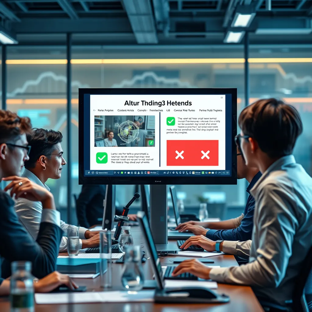 A high-tech office setting where a computer screen displays an AI interface analyzing news articles with green checkmarks and red Xs for fact-verification. The scene includes diverse professionals focusing on their screens, with data charts and holographic elements around.