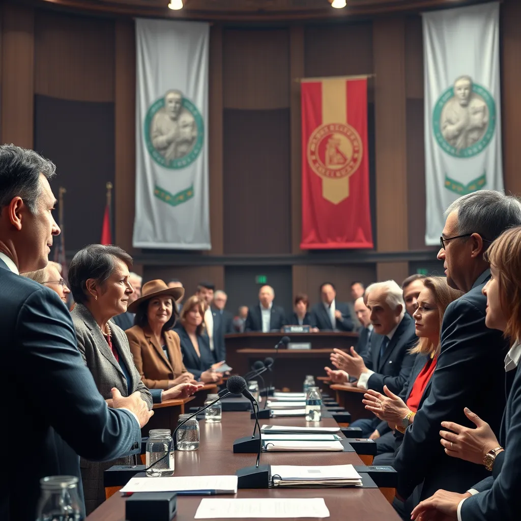 A lively political debate scene featuring a diverse group of politicians in a modern legislative assembly, highlighting various ethnicities, genders, and age groups. The background shows banners and symbolic items representing democracy and legislation.