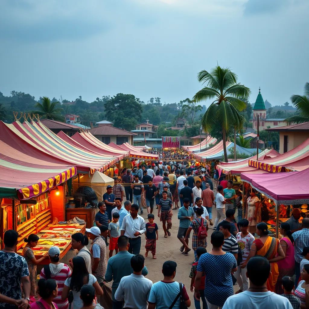 A lively scene of a cultural festival in a rural town with colorful tents, local artisans displaying their crafts, traditional dance performances on a stage, and a diverse crowd enjoying the festivities, embodying community spirit and cultural richness.