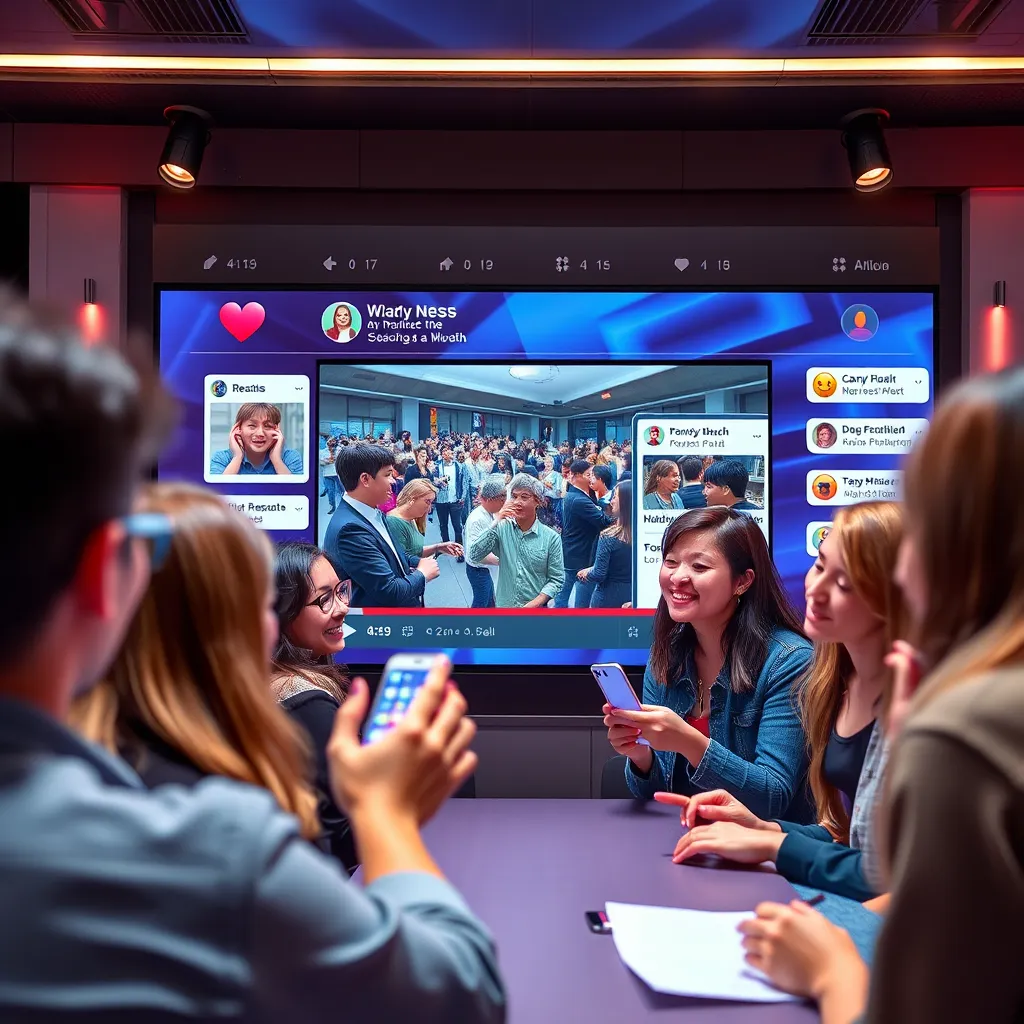 A lively social media interface where users are interacting with a news video. Show reactions, comments, and polls displayed on the screen. Include diverse users, such as young adults enjoying the video, reacting with emojis, and typing comments, creating a community feeling.