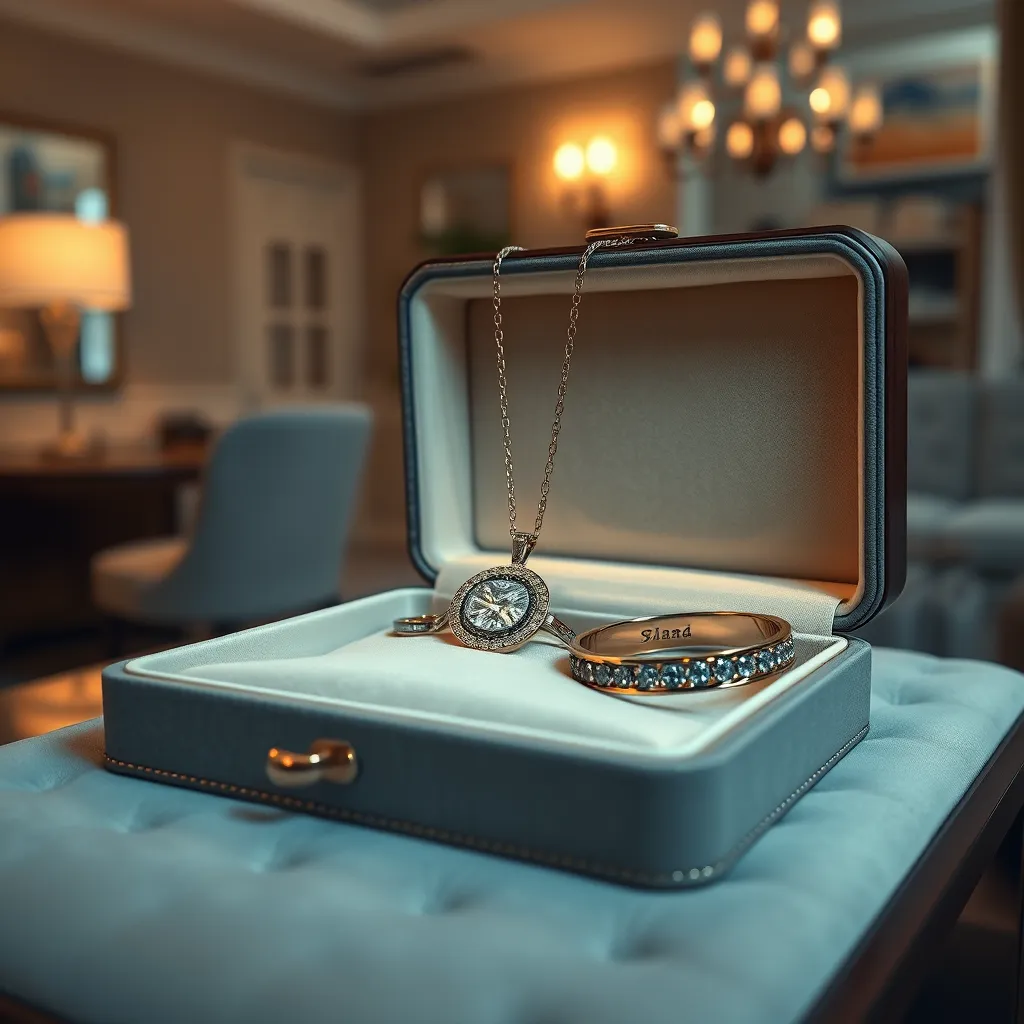 A luxurious jewelry box filled with personalized jewelry pieces, including an engraved necklace and a custom bracelet, displayed on a velvet surface with a soft focus background of a warm, inviting space with soft lighting.