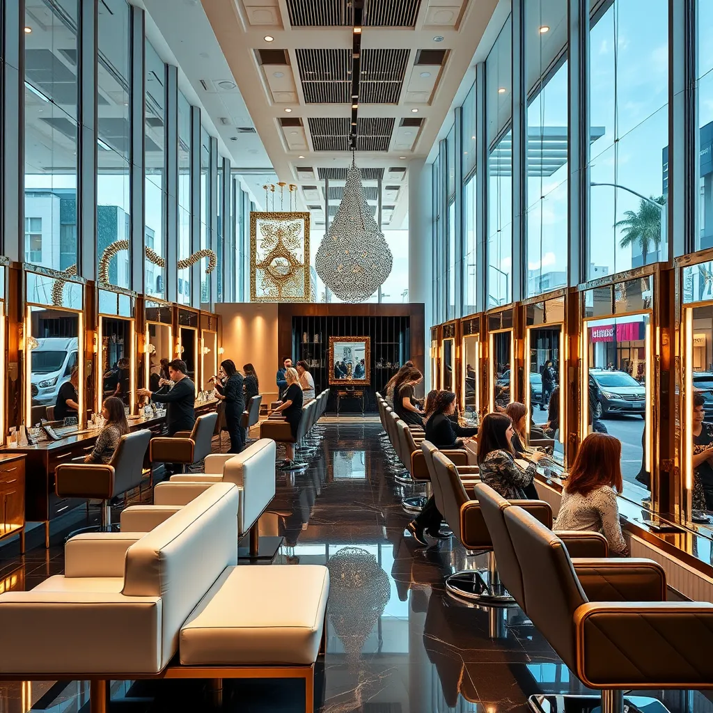 A luxurious salon in Miami, with a chic, modern design. Large windows offer views of a bustling Miami street. Inside, the space features elegant decor with gold accents, plush seating, and advanced hair styling stations. The salon is filled with clients receiving high-end beauty treatments.