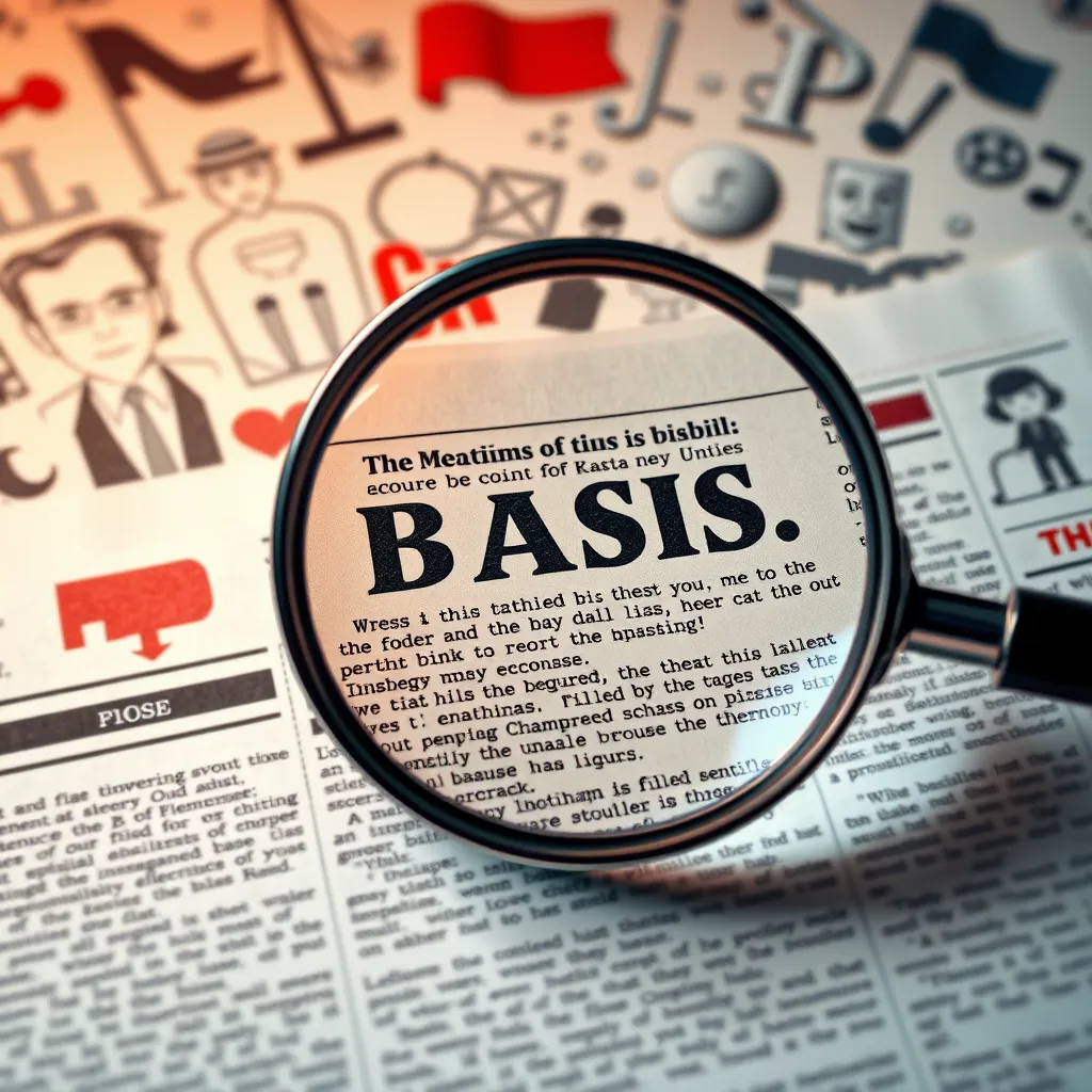 A magnifying glass over a newspaper article, highlighting subtle hints of bias in the text. The background features cultural and political symbols related to various biases. The scene conveys scrutiny and investigation into the report's perspective.