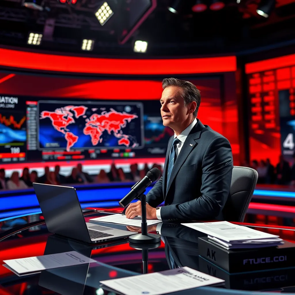 A modern broadcasting studio featuring a news anchor delivering a daily briefing. Dramatic side lighting highlights the anchor’s face to create an engaging scene. The color palette uses vibrant reds and blues for a dynamic background. The perspective is at eye level, focusing on the anchor while showcasing a national map and stock market visuals displayed behind. Textures include a polished anchor desk and a high-definition screen. Environmental elements include a live audience in the background captured in soft focus. Props like a laptop and papers scattered on the desk suggest preparedness, while a microphone stands prominently on the table. The design is in the style of contemporary news media with a polished, professional finish, ensuring clear visibility of details. Technical specifications are set to hyperrealistic, 8K resolution for maximum detail and impact.