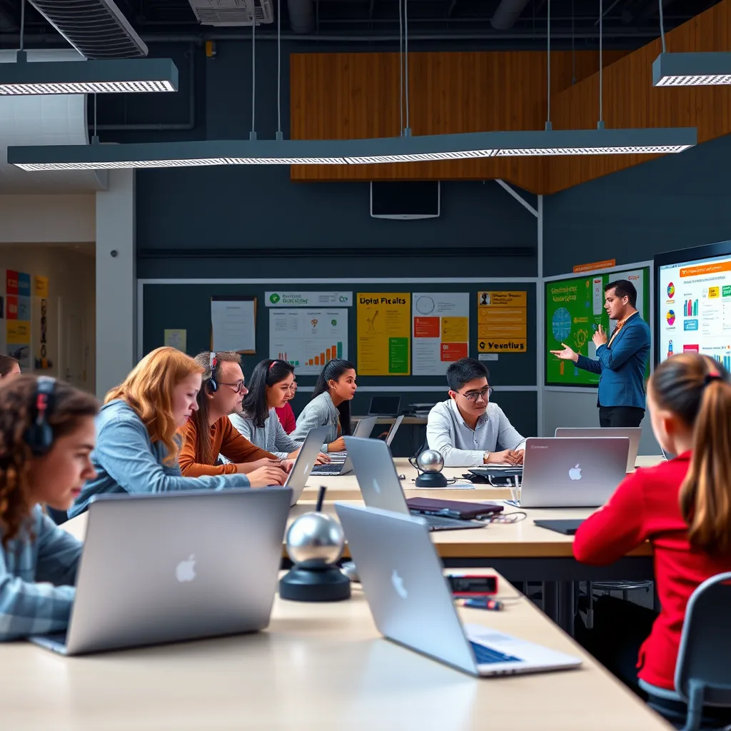 A modern classroom scene with students engaged in learning. Include diverse students using laptops, a teacher presenting on a smart board, and colorful educational posters on the wall. Highlight technology, collaboration, and innovation.