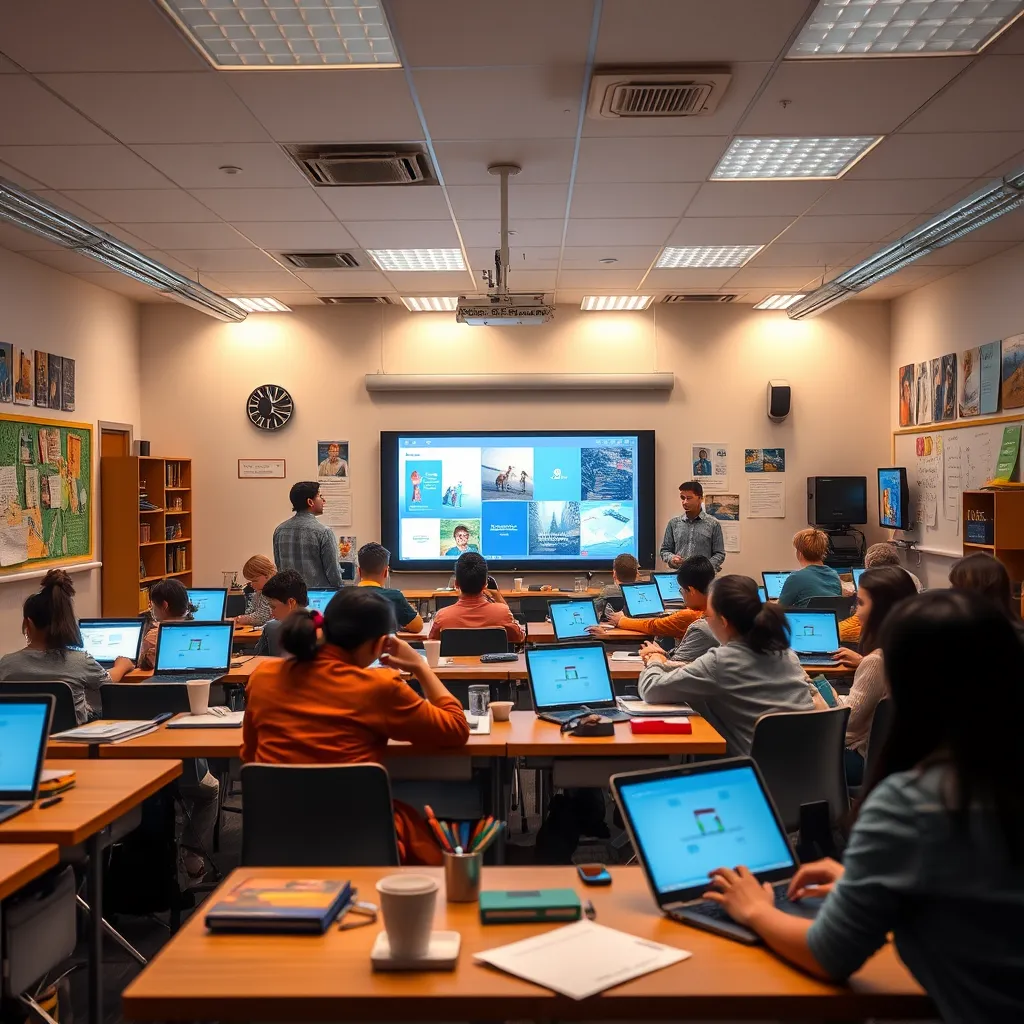 A modern classroom setting filled with diverse students engaged in digital learning, featuring interactive screens, collaborative learning spaces, and various educational materials. The scene should reflect a bright, welcoming atmosphere that emphasizes technology in education.