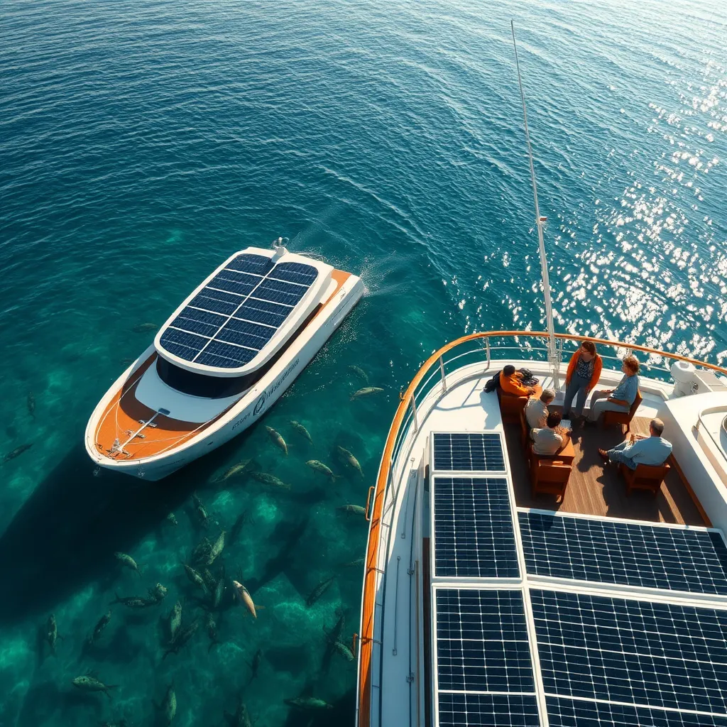 A modern cruise ship equipped with solar panels on its deck, sailing through crystal-clear waters. Marine life is visible beneath the surface, while an environmental workshop is taking place on board, with passengers engaging in eco-friendly discussions.