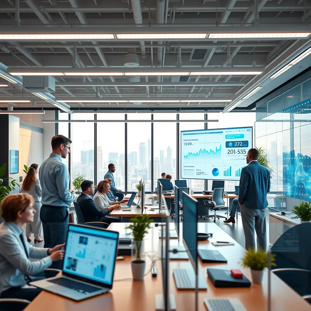 A modern digital insurance office bustling with activity. A diverse team of professionals collaborating around high-tech gadgets and large screens showing various insurance-related data. Bright lighting, contemporary furniture, and a clear view of the cityscape outside the window.