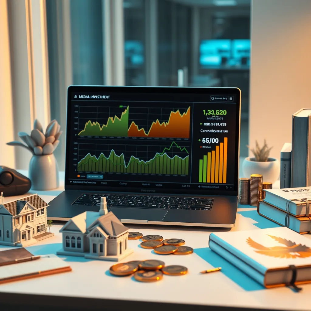 A modern investor's workspace featuring a laptop displaying graphs of alternative investments like real estate, cryptography, and commodities. Surrounding the desk are physical representations of these assets—real estate models, cryptocurrency coins, and investment books. The setting is bright and futuristic.
