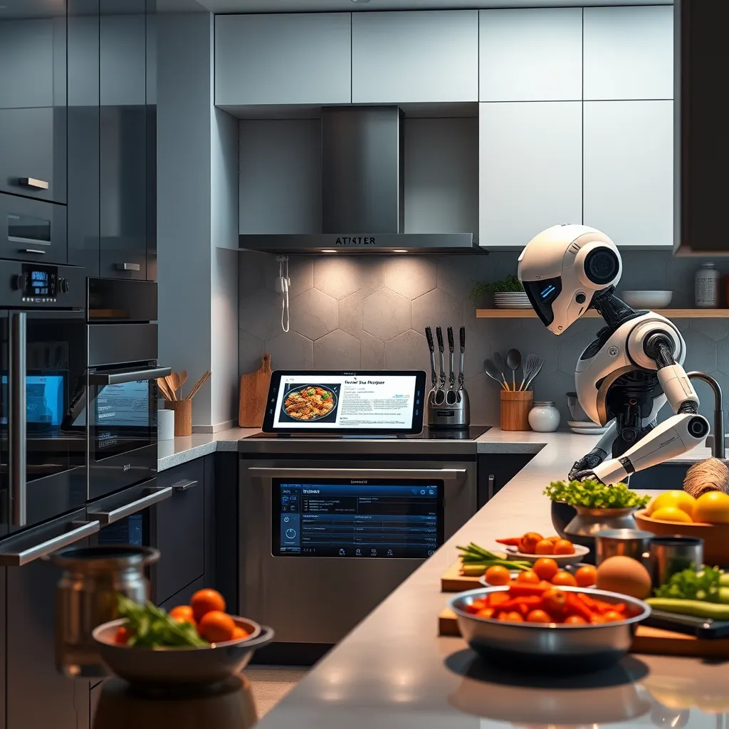 A modern kitchen featuring high-tech cooking gadgets like smart ovens, a digital tablet displaying a recipe, and AI-assisted cooking robots. The kitchen is sleek and contemporary, filled with utensils and ingredients, showcasing how technology is revolutionizing the cooking experience.