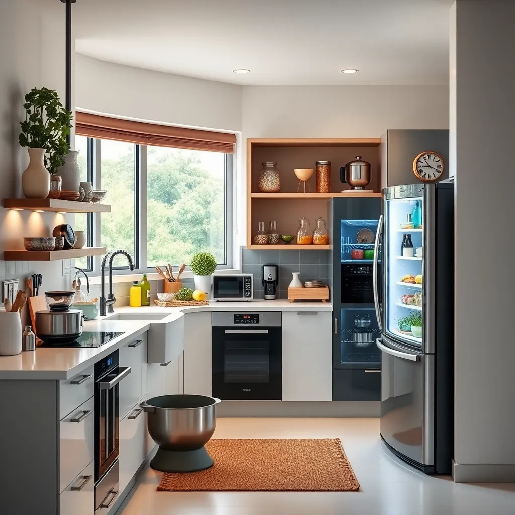 A modern kitchen filled with innovative smart home gadgets, including an AI-powered cooking assistant, an energy-efficient smart fridge, and voice-controlled appliances. The setting is bright and contemporary, showcasing a blend of technology and home comfort.
