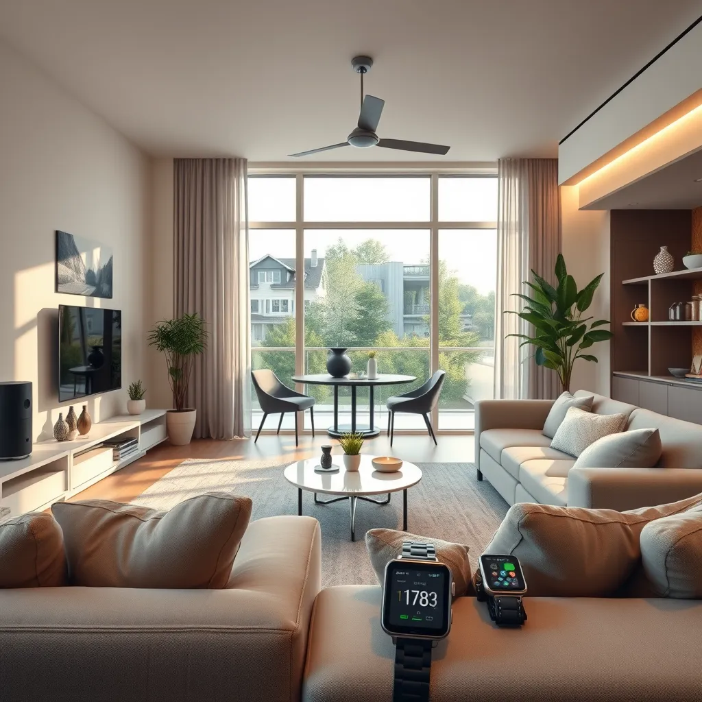 A modern living room showcasing a variety of tech gadgets including a smart speaker, a home security system, and wearable devices like smartwatches. The setting should be bright and inviting, with a focus on a sleek, contemporary design.