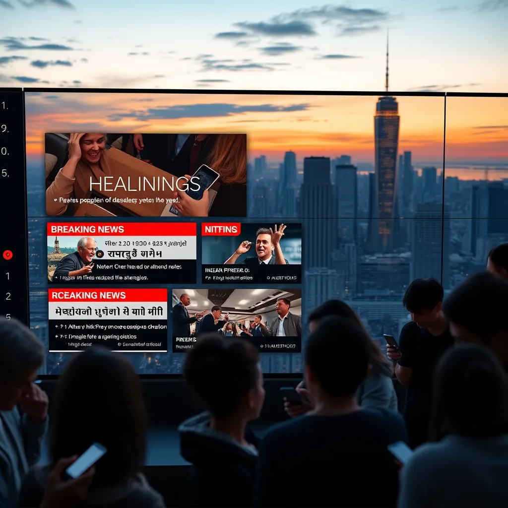 A modern news dashboard displaying live updates, with breaking news alerts in bold red text. Include a diverse group of people engaged with their devices, showing excitement and urgency. The background is a city skyline at dusk, symbolizing a global perspective.