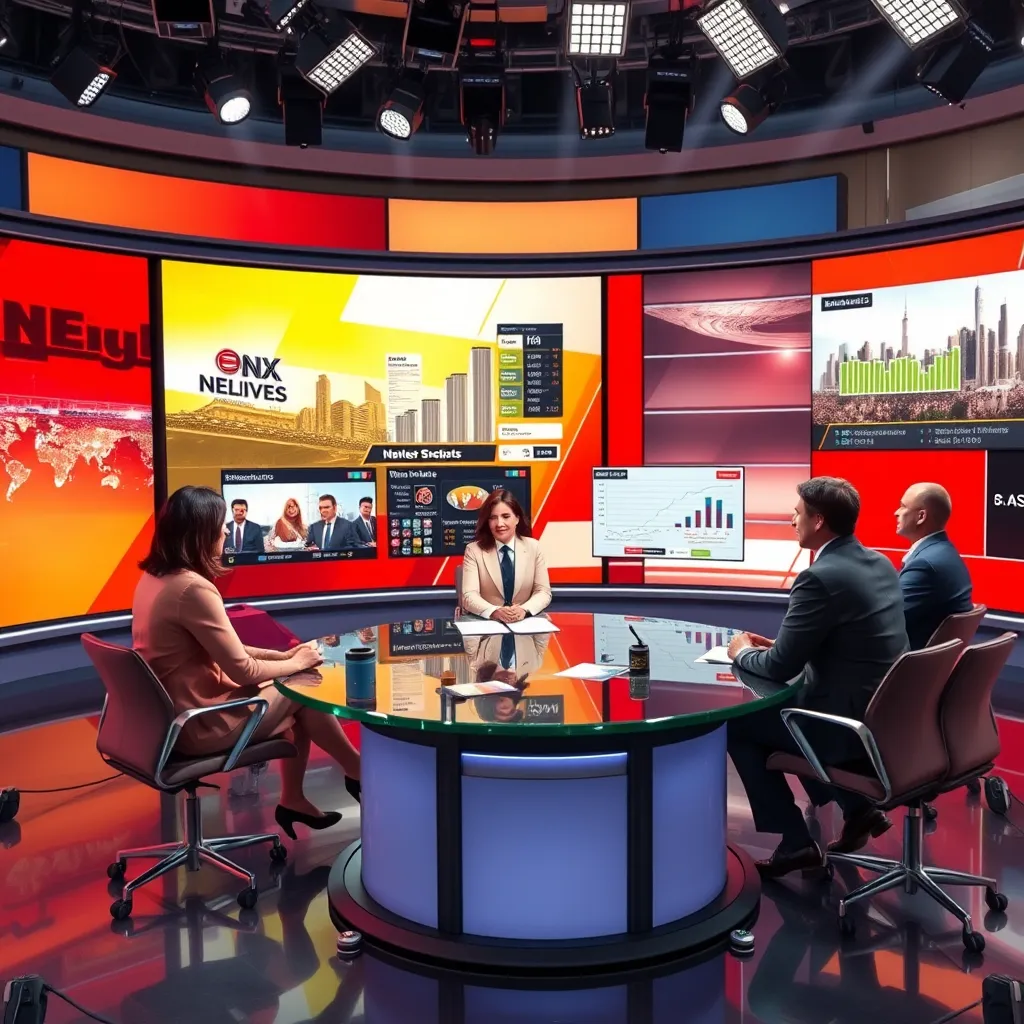 A modern news studio with a vibrant backdrop showcasing a large screen displaying engaging visuals and headlines. A diverse group of reporters is actively discussing news topics, with charts and graphic animations projected, all in a lively atmosphere.