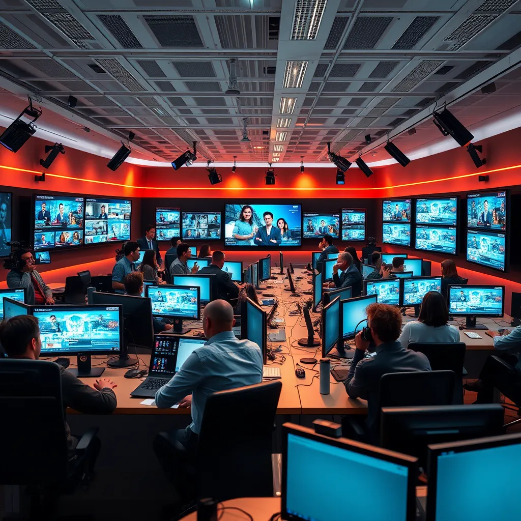 A modern newsroom filled with journalists working on computers, surrounded by digital screens displaying various social media feeds and live news updates. Bright, dynamic atmosphere with diverse individuals engaged in storytelling through video, articles, and podcasts, emphasizing collaboration and technology.