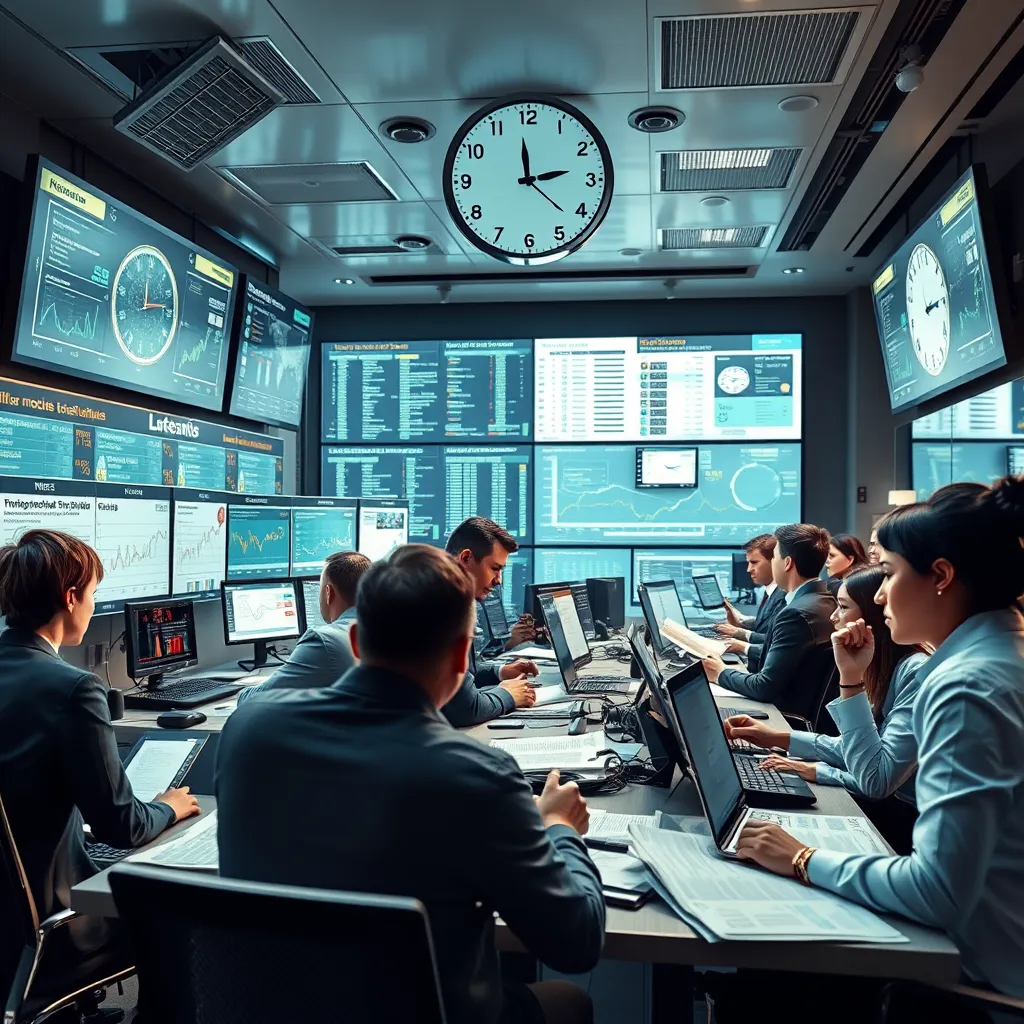 A modern newsroom setting with journalists analyzing data on large screens, surrounded by newspapers and reports, showcasing a diverse group of professionals engaging in detailed discussions, with a clock showing the latest updates in the background.