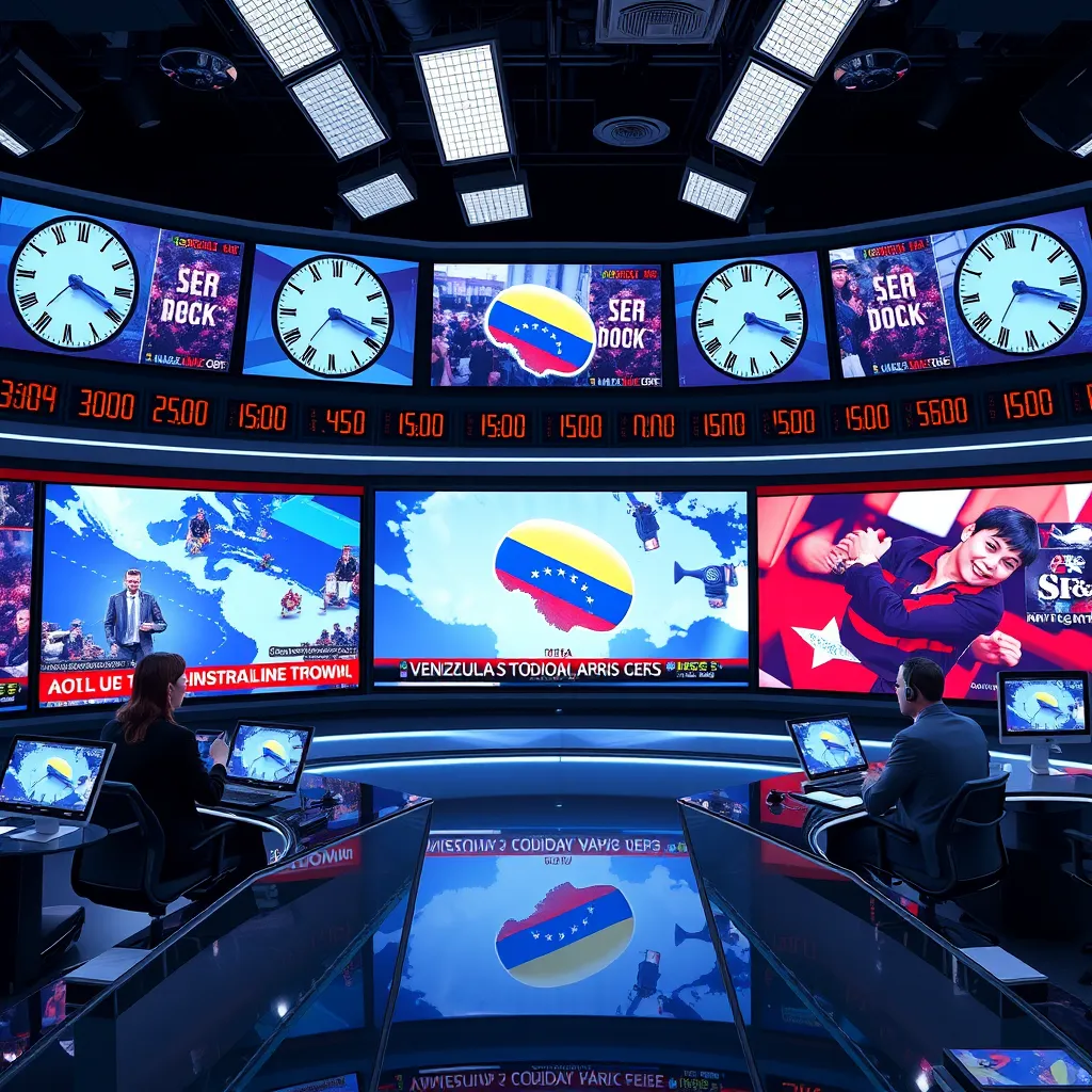 A modern newsroom with journalists actively reporting breaking news on large screens showcasing live video feeds from Venezuela; the background is filled with digital clocks showing real-time updates; a sense of urgency and professionalism is portrayed.