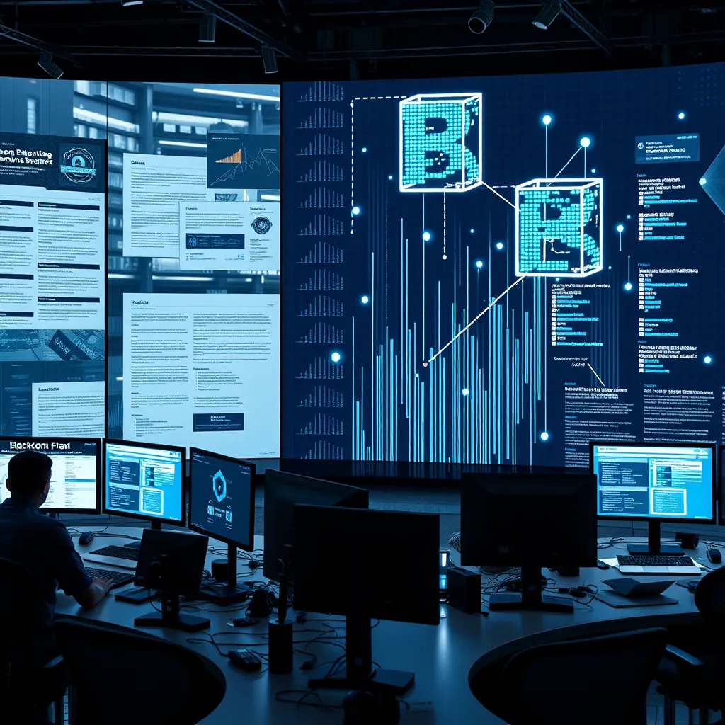 A modern newsroom with journalists working on computers. A large digital screen shows blocks of data connected by lines, representing blockchain technology. The background includes elements like articles and data strings, providing a sense of secure information flow.