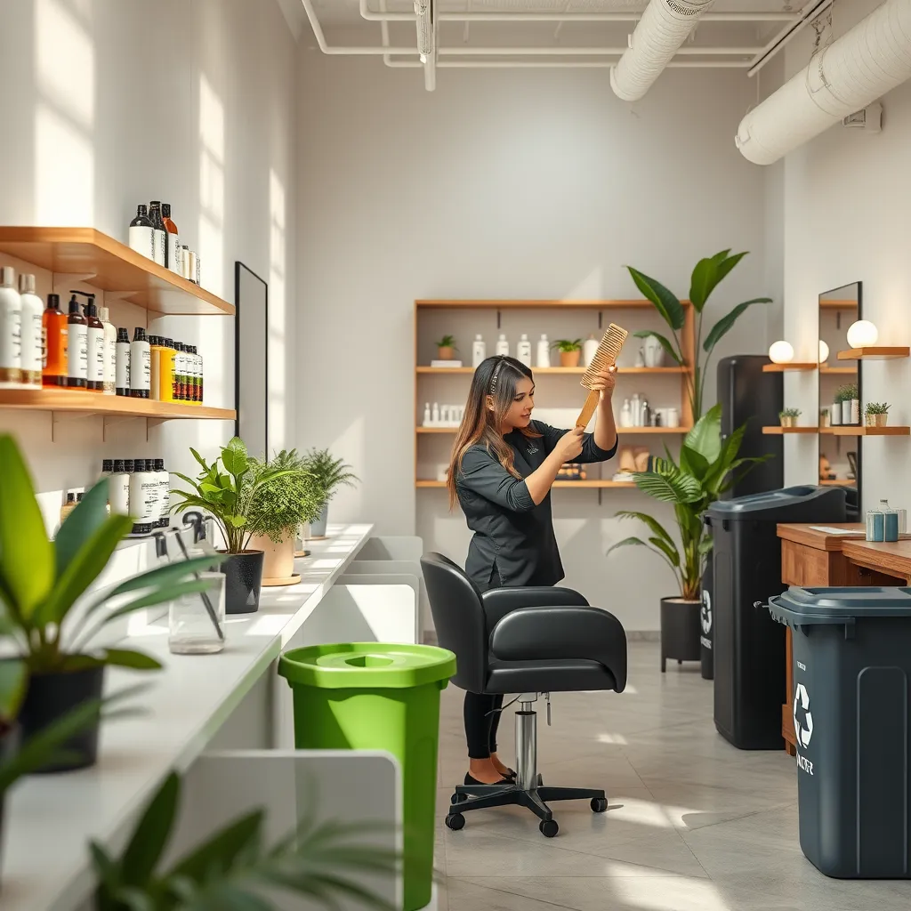 A modern salon interior featuring eco-friendly products on shelves, a stylist using a bamboo comb, and recycling bins. Natural lighting, green plants, and a minimalist design highlight the sustainability theme.