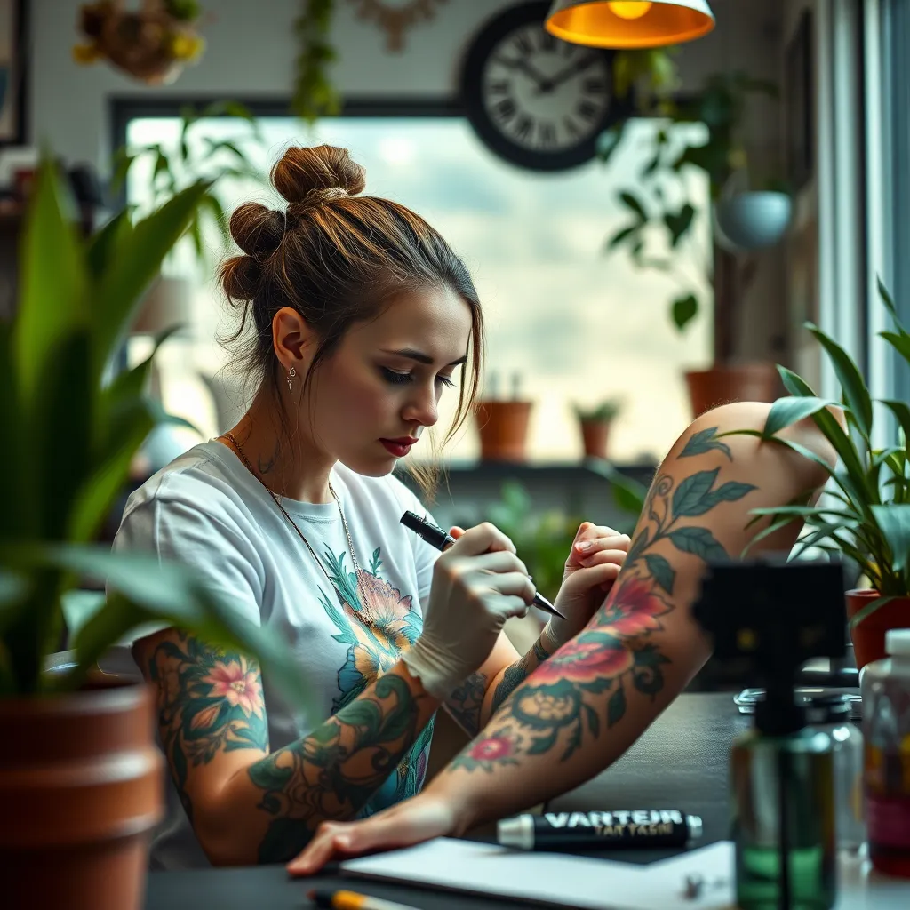A modern tattoo studio scene showcasing a tattoo artist using sustainable, plant-based inks. The artist, a young woman with colorful, intricate tattoos, is focused on applying a vibrant floral design on a client's forearm, surrounded by plants and natural light.